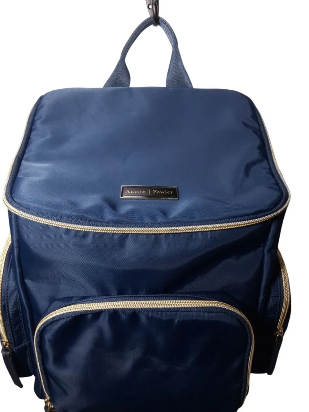 Austin Fowler Navy Diaper Backpack With Gold Zippers And Multiple Compartments